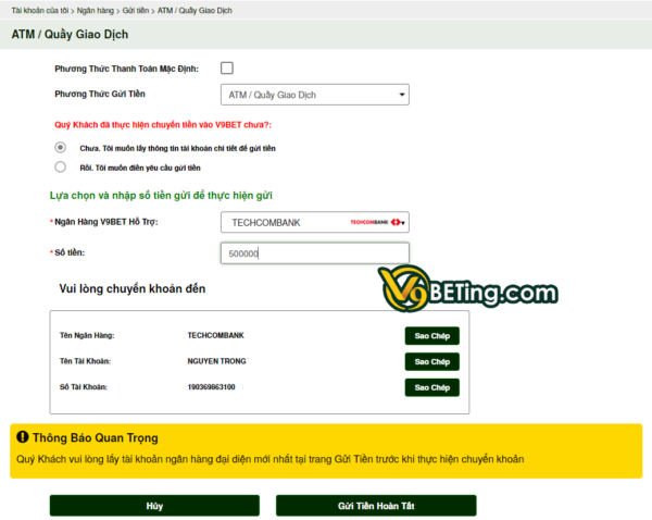Nạp tiền chính xác vào số tài khoản ngân hàng của v9bet